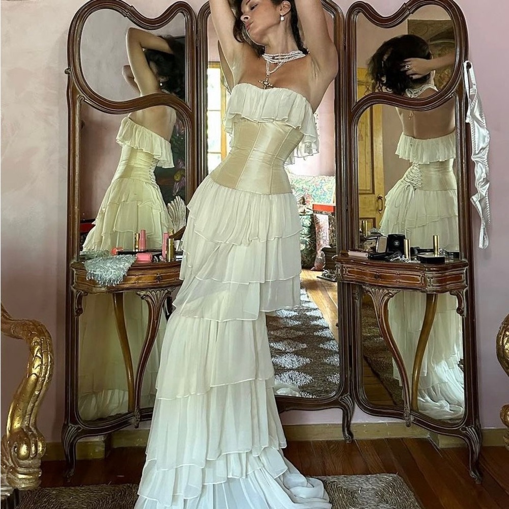 Mirror Palais Strapless Tiered Ruffle Ivory Gown